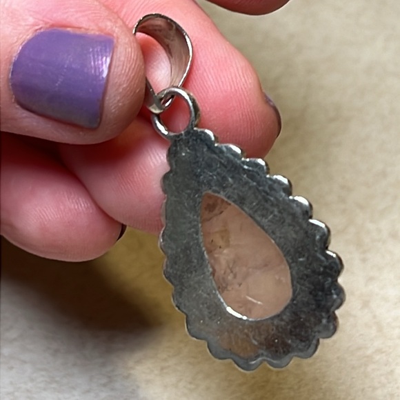 Vintage boho pink quartz pear shaped sterling silver 925 necklace pendant - Picture 3 of 5